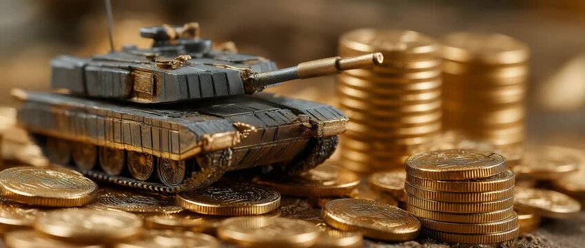 On a stack of gold coins is a tank model. notion of financial crisis, sanctions, and economic war. An example of how military spending affects the economy.