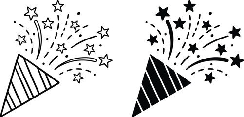 Party popper celebration icons illustration with confetti stars burst, festive event decoration symbols, holiday fun concept, minimalist black vector design.Web