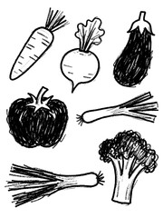 Hand-drawn collection of black and white vegetable sketches featuring carrot, tomato, eggplant, radish, leek, and broccoli for organic grocery branding and cooking menus