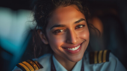 Female Pilot Smiling in Uniform: Empowered Professional in Aviation Industry дефused Female Portrait front view Camera Airline Career
