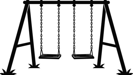 Playground swing set silhouette illustration representing outdoor recreation, children play equipment, park activity, minimalist black vector design isolated.Web