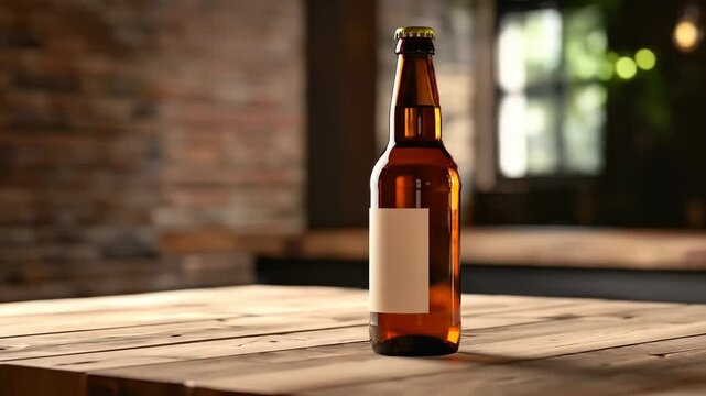 A bottle of amber liquid sits on a rustic wooden table, ready to drink.