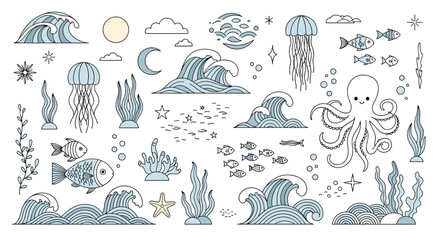 Diverse selection of nautical and marine life illustrations featuring stylized waves, sea creatures, plants, and celestial elements in blue tones.