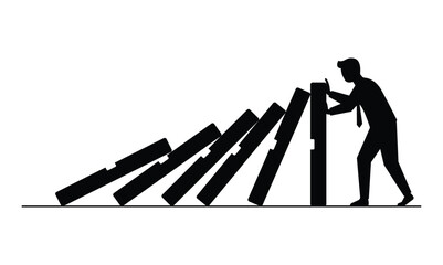 Businessman Triggering Domino Effect Symbolizing Cause and Effect, Risk, Strategy, and Chain Reaction in Business Decisions