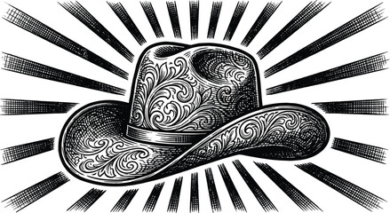 Ornate cowboy hat illustration with engraved vintage details and radiant sunburst background, western fashion symbol, classic retro vector artwork.Web