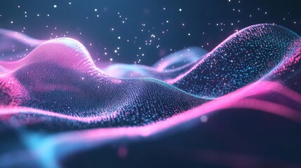 Futuristic visualization of quantum energy with floating particles and luminous waves in dark background with cool neon tones
