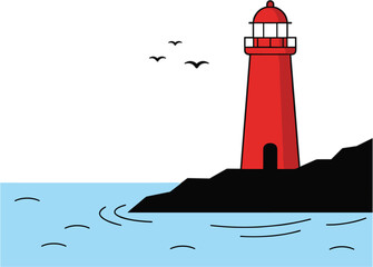 Red lighthouse illustration by the sea with birds, minimalist coastal landscape artwork, nautical navigation symbol, flat design vector style.