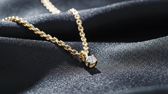 A luxurious golden diamond solitaire pendant necklace is sharply displayed in a dramatic close-up studio shot, resting elegantly on deep black, softly draped silk.