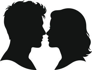 Romantic couple face to face silhouette illustration representing love, relationship, intimacy, and emotional connection, minimalist black vector artwork.Web