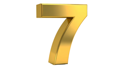 A 3D render of the number seven, rendered in gold, set against a solid black background. The metallic sheen is prominent