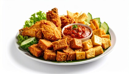 Crispy fried chicken, tofu cubes with dipping sauce and garnish