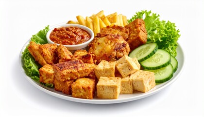 Platter of fried chicken, tempeh, tofu served with fresh salad garnish