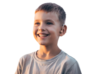 Child with Hearing Aid Smiling Confidently, Isolated Portrait Highlighting Accessibility, Inclusion, and Empowered Childhood