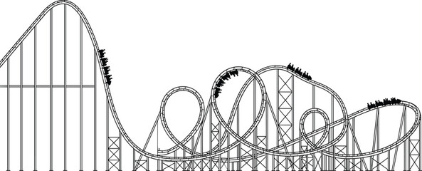 Roller coaster silhouette illustration representing amusement park thrill rides, fun entertainment attraction, dynamic looping track design, minimalist black vector artwork.Web