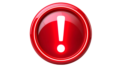 A 3D rendered, glossy red button with a white outline and an exclamation mark, isolated on a black background