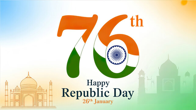 A vibrant digital illustration celebrating India's 76th Republic Day with a colorful background and iconic landmarks
