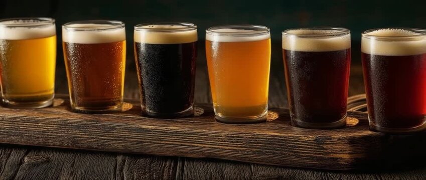 The beer flight lineup features sample glasses of several craft beers for enjoyable sampling.a