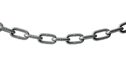 A close-up shot of a metallic chain suspended against a black background. The chain links are interlocked and reflective