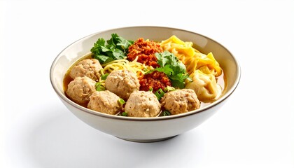 Meatball soup with fried wonton and yellow noodles