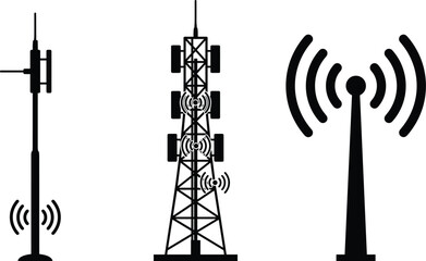 Telecommunication tower silhouettes illustration featuring radio, mobile, and wireless signal antennas, broadcast technology and network infrastructure, minimalist black vector artwork.Web