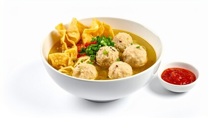 Savory meatball noodle soup with fried onion and celery