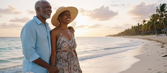 Senior african american couple on the beach during romantic beach vacation on retirement
