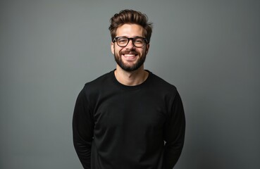 Obraz premium Young man with beard smiles wearing glasses and black shirt. He stands against a plain grey background with hands behind his back. He looks friendly and confident. This portrait conveys positivity.