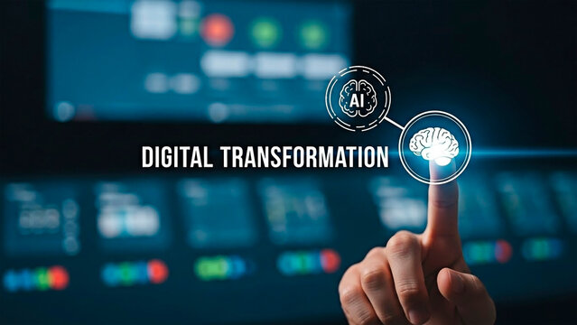 A hand interacting with digital transformation interface - Powered by Adobe
