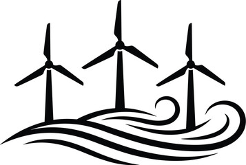 Wind energy turbine illustration over flowing waves symbolizing renewable power, clean electricity, and sustainable environment concept, minimalist black vector artwork.Web