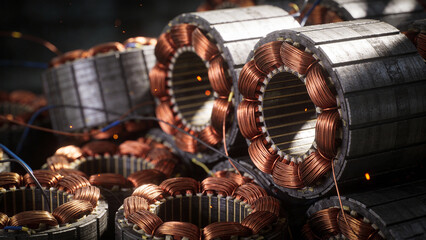 Close-up of industrial copper wire windings on electric motor stators in a manufacturing factory.