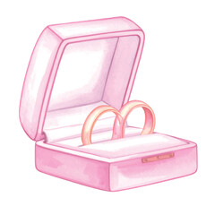 Pink Velvet Ring Box with Two Gold Wedding Bands on watercolor vector illutrastion transparent background