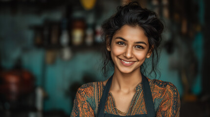 <Smiling Young Woman in Artisan Apron Embracing Local Artistry and Culture with Genuine Passion>