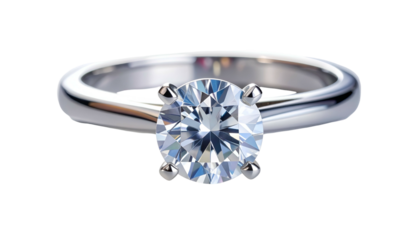 A close-up studio shot presents a dazzling, solitaire engagement ring. The ring features a brilliant-cut stone set in a simple, polished metal band