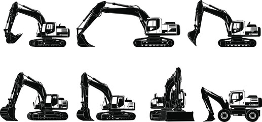 Excavator silhouette vector set, construction vehicle icons, side view arm and boom variations, black transport graphics, stock illustration