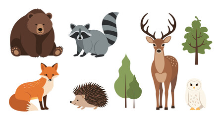 Fototapeta premium Collection of woodland animal illustrations including a bear, raccoon, deer, fox, hedgehog, and owl with several stylized forest trees.