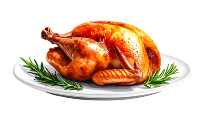 A close-up view of a roasted poultry dish, resting on a white plate adorned with sprigs of fresh rosemary, offering a culinary presentation