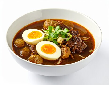 Black beef soup rawon with salted egg garnish
