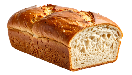 A close-up view of a partially sliced loaf showcasing its golden-brown crust and airy, textured interior. The loaf appears freshly baked