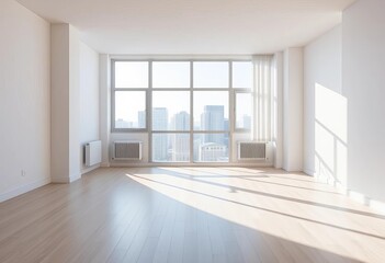 Fototapeta premium Bright, empty, modern apartment interior with large windows and clean walls, ready for move-in and personalization, clean, modern