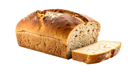 A freshly baked loaf of bread, sliced, showcasing the crusty exterior and airy interior. The presentation highlights its rustic appeal