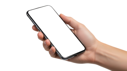 Hand Holding Modern Smartphone with Blank Screen Isolated on transparent background