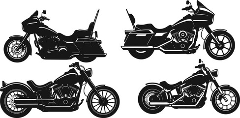 Motorcycle silhouette vector set, cruiser and chopper styles, side view bike icons, black transport graphics, stock illustration for catalog © LITON