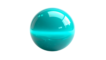 A luminous, teal orb against a stark black backdrop. The sphere has a glossy, transparent appearance with internal lighting, creating a captivating glow