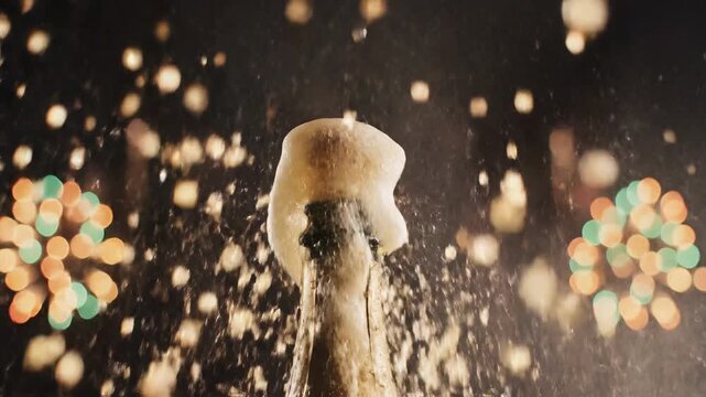 Close-up of a champagne bottle cork popping with an explosive splash of foam. Sparkling wine spraying in slow motion against a background of festive bokeh fireworks. Celebration concept for New Year's