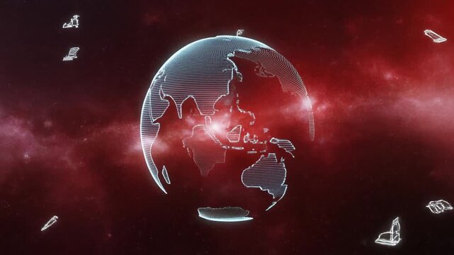 Glimmering digital globe in a dark, red-hued technological space, symbolizing global data exchange, futuristic communication, and interconnected networks