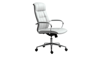A modern, white leather office chair with a high back, armrests, and chrome base. The background is black