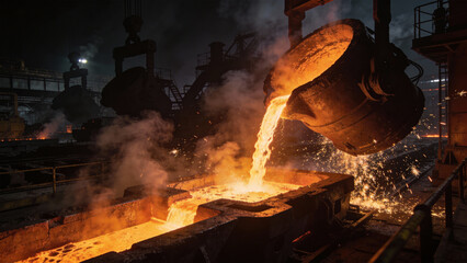 Molten metal pouring from a large industrial ladle into a mold at a steel foundry plant with dramatic sparks.