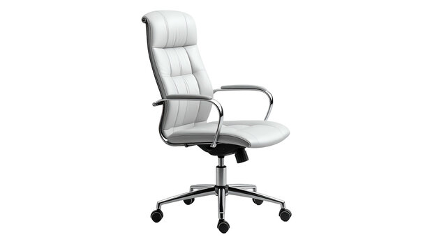 A modern, white leather office chair with a high back, armrests, and chrome base. The background is black