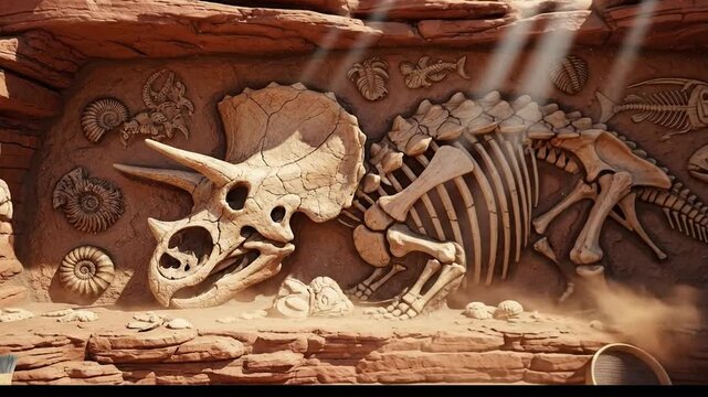 Ancient fossils revealed in sunlit desert rock excavation