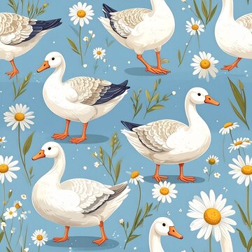 A playful seamless pattern featuring geese strolling amidst blooming chamomile flowers on a bright blue background. This vibrant, nature-inspired design evokes a fresh, springtime 